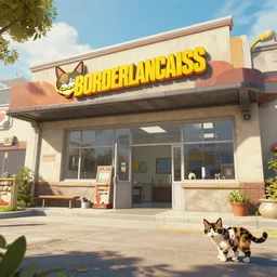 wide angle of a cat field clinic from the outside, concept art out of the game borderlands, highly detailed