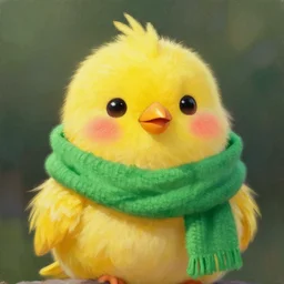 a cute fluffy yellow bird blushing wearing a [ green scarf ], artstation, high quality, oil painting