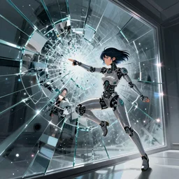 a large reflective shattering window, beautiful cyborg - girl punching into a large reflective shattering window, window reflections, reflective, mirror reflection, refractions on lens, full round face, biomechanical details, cyberpunk anime art, full body shot, lens flare, wlop, ilya kuvshinov, artgerm, krenz cushart, greg rutkowski