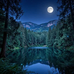 a mirror lake in a forest of blue sequoia trees, lush, with mountains and hills and cliffs and towns full moon, dark clear sky with stars, light blue sparking and glowing dust in the wind. fantastic, mystical, glow