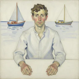 painting in the style of john craxton sailors. seated figure hands on table. similar aesthetics to ivon hitchins.. drawing on painting, brush marks