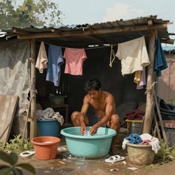 a concept art illustration, asian man sitting washing clothes on a tub inside a makeshift shack, slums, hyper realistic, photorealistic, art by wlop, hyper detail, trendung on artstation, cgsociety, ultra sharp, digital painting