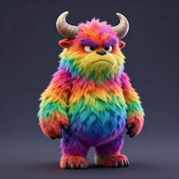 full body 3 d model of a vibrant rainbow colored adorable grumpy furry monster with fuzzy horns, a 3 d render by wendy froud and jim henson, centered, character concept, concept art, dark rainbow colored fur, zbrush, furry art, rendered in maya, colorful, cinema 4 d, behance hd, daz 3 d, cgsociety, matte background