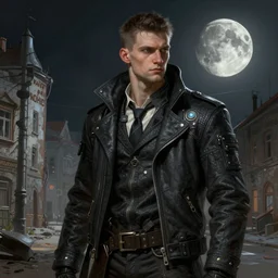 A portrait of a cyberpunk thug guy on the street of a Soviet slum on the moon, Norilsk, sci-fi, fantasy, intricate, very very beautiful, elegant, highly detailed, digital painting, artstation, concept art, smooth, sharp focus, illustration, art by artgerm and greg rutkowski and alphonse mucha