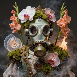 3 d close - up portrait of the retro futuristic robot in vintage gas mask in midsommar style clothes and crown overgrown with moss and giant orchid flowers and giant gladiola flowers, intricate, elegant, surrounded by smoke and burning. translucent nautilus, highly detailed, by wlop, hell glass tooth wu, greg rutkowski, alena aenami