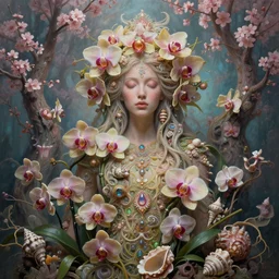 psychedelic organic shaman, made of orchids and cherry blossom trees and seashells, diffuse lighting, fantasy, intricate, subconscious, highly detailed, photorealistic, digital painting, artstation, beautiful woman, concept art, smooth, sharp focus, by john collier and albert aublet, by amanda sage
