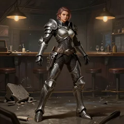 hyper detailed ultra sharp full body character portrait of a woman in hextech armor standing in a destroyed dive bar doing an action pose, with a realistically proportioned face, cinematic lighting, good value control, smooth, realistic shading, realistic face details, smooth, highly detailed, digital painting, painted texture maps, illustration, painted texture maps, substance painter