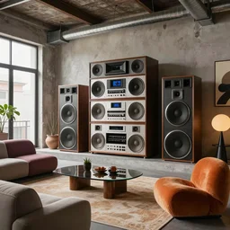 high end retro futuristic loft apartment, massive 7 0 s hi fi system, funky furniture, industrial chic, modern art, wabi sabi
