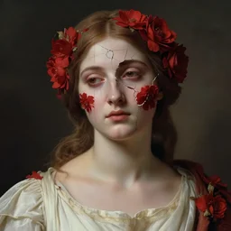 hyperrealism close - up mythological portrait of a beautiful medieval woman's shattered face partially made of scarlet color flowers in style of classicism using the fibonacci golden ratio, pale skin, wearing ivory colour dress, dark and dull palette