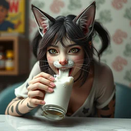 anya taylor - joy as a catgirl drinking milk, by fiona staples and dustin nguyen, peter elson, alan bean, wangechi mutu, sharp focus, photography, unreal engine, trending on artstation, photorealistic, octane, trending on deviantart