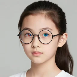 a stunning portrait of a young girl with round glasses, side - ponytail and vibrant colored eyes