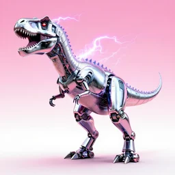 smooth chrome robot tyrannosaurus rex engulfed in electricity bolts, pink to white gradient background by Hajime Sorayama