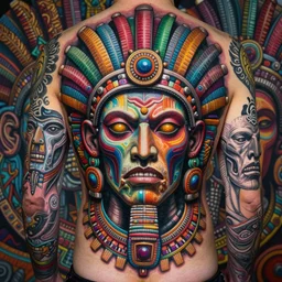 hyper detailed masterpiece undead aztec face tattoo warrior by donato giancola and tom bagshaw, face by artgerm and edmund leighton, and h. r. giger, trending on artstation, colorful, psychedelic aesthetic, ornate, background by james jean, 8 k, biomechanical, majestic, volumetric lighting, porcelain skin, concept art, sharp focus