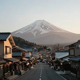 1 9 7 0 s photograph of a japanese town with mount fuji in the distance, golden hour lighting, award winning photograph, fujifilm