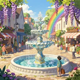 detailed illustration of a town square, large ornate victorian crystal water fountain, rainbow wisteria, vibrant flora, ecopunk aesthetic, busy, bustling, customers and merchant stands, god rays, bloom, by bouguereau, by ruan jia, by conrad roset, by yoshitaka amano, cgsociety, artstation.