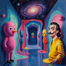 an extremely high quality hd surrealism painting of a 3d galactic neon complimentary-colored cartoony surrealism melting optically illusiony hallway by kandsky and salvia dali the second, salvador dali's much much much much more talented painter cousin, clear shapes, 8k, ultra realistic, super realistic