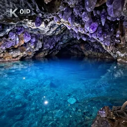 An underground lake with pristine blue water, purple crystals growing from the ceiling, 4k UHD