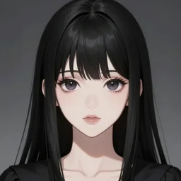 front-facing headshot of a young gothic anime woman with black hair and golden highlights, wearing pretty makeup, drawn by WLOP, anime portrait, trending on artstation