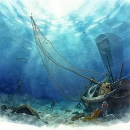 incredible wide screenshot, ultrawide, simple watercolor, rough paper texture, underwater london, underwater downing street backlit shot, trawl fishing net, fish shoal, boat wreck, pencil marks, shinjuku, koji morimoto, katsuya terada, masamune shirow, tatsuyuki tanaka hd, 4 k, remaster, dynamic camera angle, deep 3 point perspective, dynamic lighting