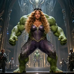 movie still frame, beyonce as she - hulk in epic pose, an alien church in the background, intricate details, beautiful composition, 8 k, cgi, by ridley scott, james cameron, zack snyder and michael bay