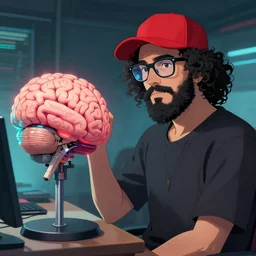cyberpunk curly - haired and ducktail - bearded middle eastern man with wayfarer glasses and red baseball hat dressed as a programmer next to an artificial brain on a stand, artstation, makoto shinkai and ilya kuvshinov