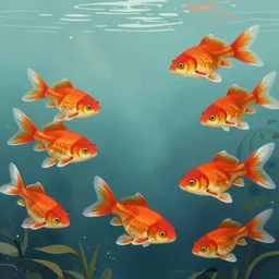An aesthetically pleasing, dynamic, energetic, lively, well-designed digital art of goldfish in a pond viewed from underwater, by Ohara Koson and Thomas Kinkade, Traditional Japanese colors, superior quality, masterpiece, excellent use of negative space. 8K, superior detail, widescreen.