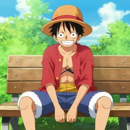 Luffy from one piece sitting on a bench