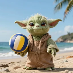 stunning award winning hyperrealistic hdr 8 k highly detailed photo of yoda shirtless at the beach holding a volleyball