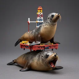 diorama of toxic oil rig mounted on the head of a anguished south american fur seal australis, by martine johanna, greg'craola'simkins ambient lighting, highly detailed, doll house, model, zoom out, sharp focus n 9