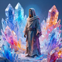 colorful ice crystal landscape 8 k art by mike winkelmann, power auras, sigils, tattered cloth robes, substance 3 d painter, pbr textures, physical based rendering, cinematic, hyper realism, high detail, octane render, unreal engine, 8 k, vibrant colors, smooth gradients, high contrast, depth of field, aperture