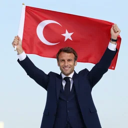 emmanuel macron holding up a turkish flag enthusiastically, hd, 4 k