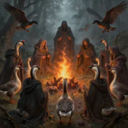 masterful fantastic realist painting of the enchanted summoning rituals of unusual moody birds wearing cloaks, exotic goose magick, weird perspective, ritual fire, digital painting trending on artstation, volumetric lighting and mist, hyperrealistic, octane render
