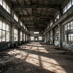 color photograph of the interior of an abandoned and completely empty factory, grimy floor, large windows on the sides, art by irina ionesco