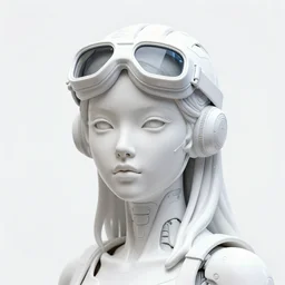 full head and shoulders, beautiful female porcelain sculpture, tank girl, retro futurism, with all white 3 d cyborg elements, white prosthetic eyes, 3 d goggles, smooth, all white features on a white background, delicate facial features, white eyes, white lashes, detailed white liquid, cyberpunk, anatomical by daniel arsham and james jean