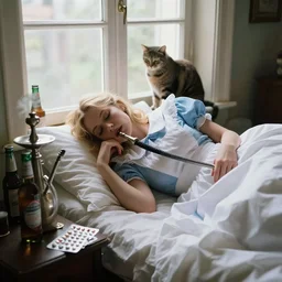 alice no longer in wonderland, waking up hungover, hookah, cat, daylight window, beer bottles, pills, photography