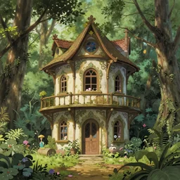 an elvish Fairy house in the Woods, fantasy, art nouveau, architecture, daylight, warm light, spring, studio ghibli, Moebius, siya oum, ultra detailed, High definition, Sharp