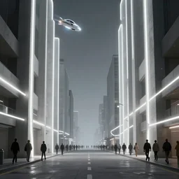simple streetscape, brutalist architecture, white neon lighting, flying vehicles, pedestrians walking, greg rutkowski, syd mead, ralph mcquarrie, concept art, matte painting, highly detailed, rule of thirds, dynamic lighting, cinematic, detailed, denoised, centered