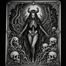 malice, skeleton woman, skulls, tendrils, dark atmosphere, greyscale, detailed linework, cinematic, psychedelic, black paper, ornate, symmetrical, tarot card, highly detailed, ink illustration, style of peter mohrbacher, golden ratio, 8 k
