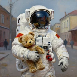 an extremely well painted and super detailed oil painting of astronaut holding a teddy bear in a soviet era street in beksinsky style, professional painting by beeple, dynamic lighting, trending on artstation, octane render, sharp focus
