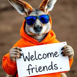 a portrait photo of a ( ( ( kangaroo ) ) ) wearing an orange hoodie and blue sunglasses holding a sign on the chest that says welcome friends