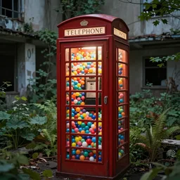 a telephone booth full of colored balls, an abandoned city full of vegetation. an epic illumination. octane render, volumetric light, 8 k
