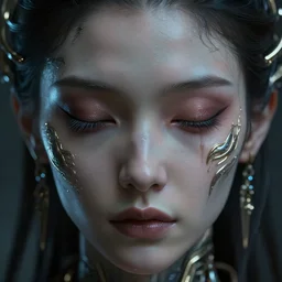 ultra realistic beautiful cyborg deity eyes closed, scifi, cyberpunk, fantasy, intricate details, movie still, highly detailed, photorealistic, octane render, eerie, 8k, art by artgerm and michael welan and greg rutkowski