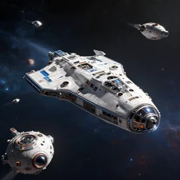 A beautiful space ship roaming through the cosmos many pods in the style of John Berkey high definition 4K