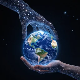 the hand of god made of millions of stars reaches down to grab the planet earth,