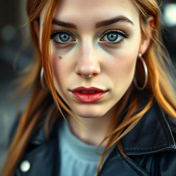 a photograph of a young woman in leather jacket, 9 0 s rebellious punk, face piercings, dof, sharp focus, highly detailed face, symmetric face, realistic iris, cinestill 8 0 0 t, photography by paolo roversi