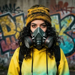highly detailed portrait of a sewer punk student lady with trendy hoody and beanie hat and respirator face mask, black curly hair by atey ghailan, james gilleard, by joe fenton, by greg rutkowski, by greg tocchini, by kaethe butcher, 4 k resolution, gradient yellow, black, brown and cyan color scheme, grunge aesthetic!!! ( ( dystopian graffiti tag wall in background ) )