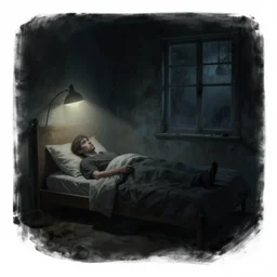 concept art, artstation, nigh, man waking up, just waking up, night, lamp lighting, horror, dark room, desolated, a window, volumetric light, atmospheric, grunge
