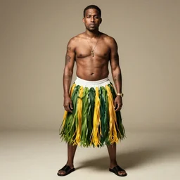 kanye west [ wearing a hula skirt ]!!, trending on unsplash, [ 4 k photorealism ]!!, full body