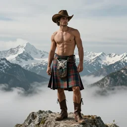 a portrait by greg rutkowski and albert bierstadt of a handsome buff beautiful shirtless desi mountaineer on a mountain peak | he is wearing a revealing tartan kilt, cowboy hat, and leather boots | background is snowy mountains and clouds | homoerotic, detailed face, dramatic, ethereal, dreamlike | trending on artstation