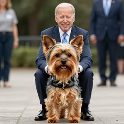 Joe Biden riding a giant yorkie dog